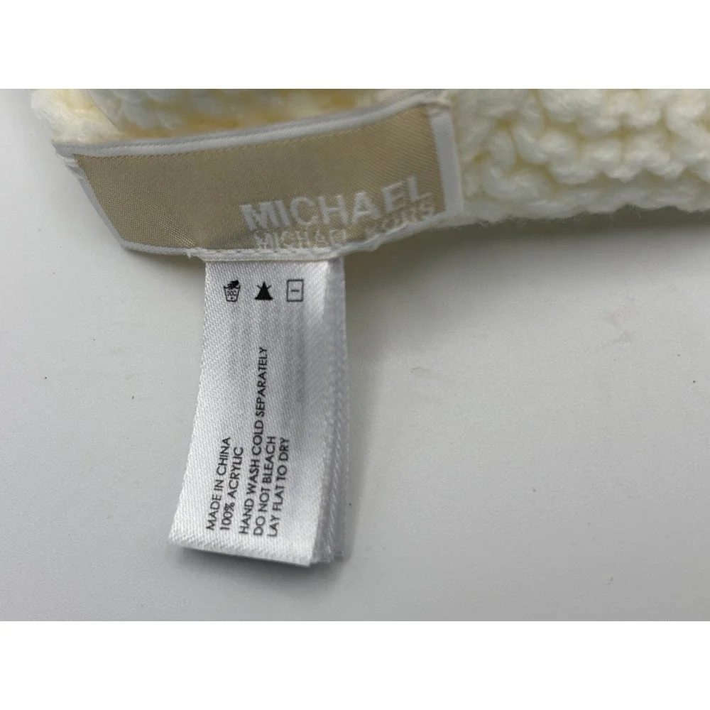 Michael Kors Women's Beanie Hat Cream White Cable Knit Gold Logo Plaque Winter